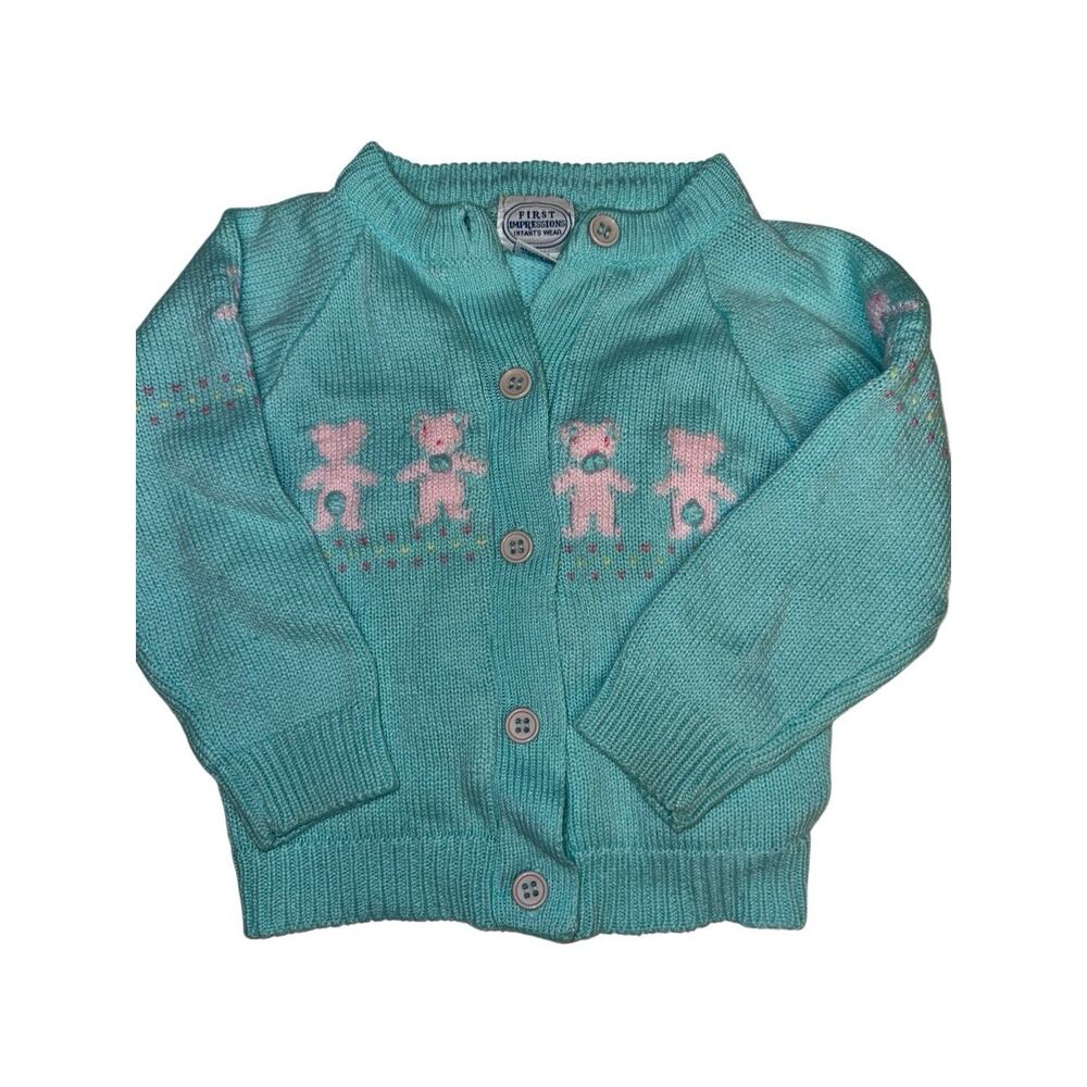 Vintage Baby Teddy Bear Knit Cardigan Sweater 24M First Impressions Easter